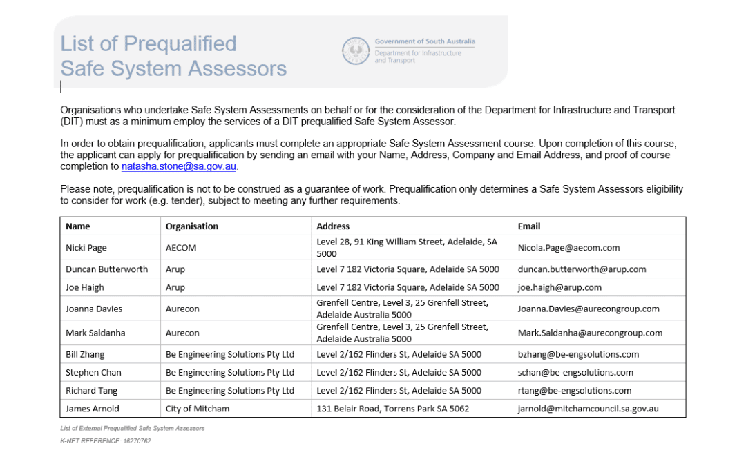 Safe System Snippet #120 Prequalified Safe System Assessors in South Australia