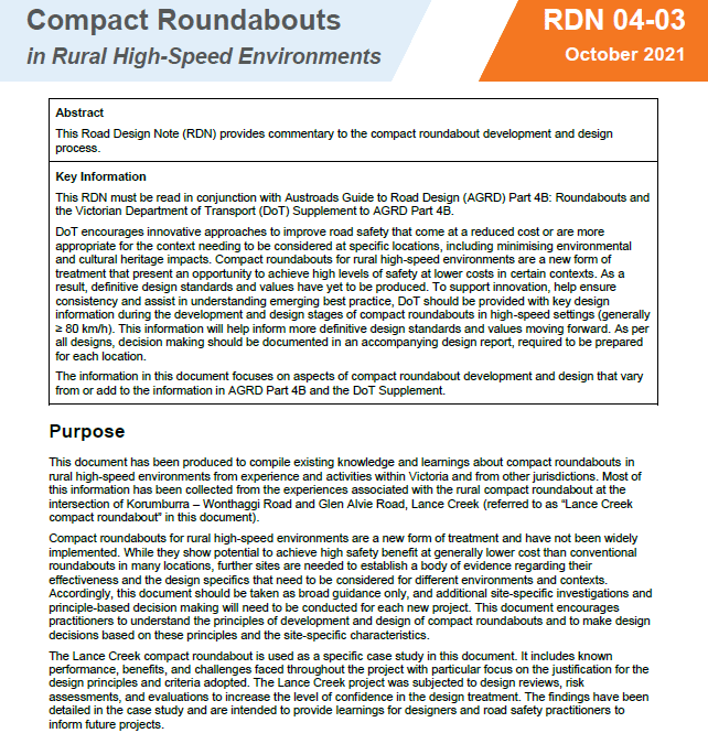 Safe System Snippet #134 RDN 04-03 Compact Roundabouts in Rural-High Speed Environments